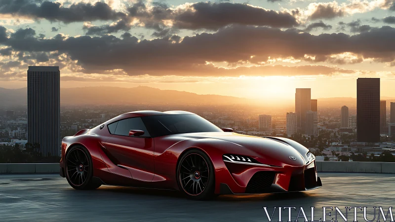 Red sports car on rooftop against city sunset skyline.