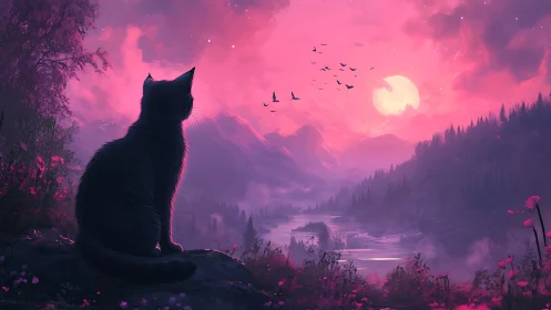 Moonlit valley cat dreaming under neon-pink twilight sky.