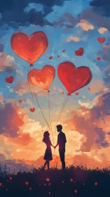 Couple holding heart-shaped balloons in romantic sunset sky