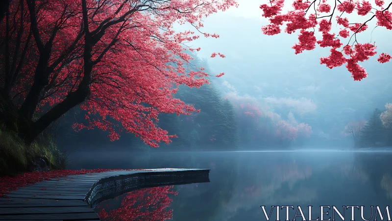 Crimson lakeside trees welcoming a quiet morning mist.
