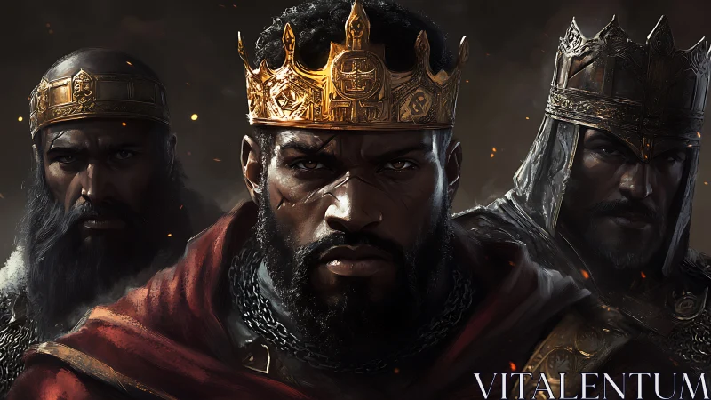 Triptych of armored kings under ember-lit atmospheric tension.