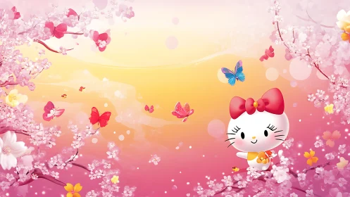 Blossom-kissed kitty dreams beneath a glowing sakura sunset.