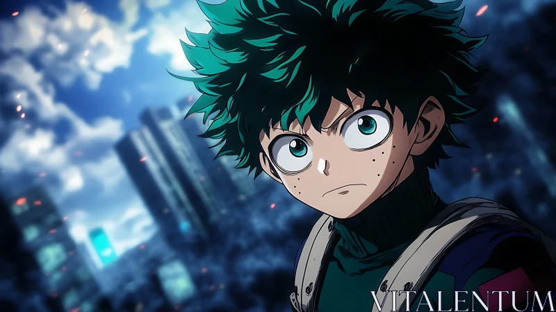 Green haired anime boy in city at night, serious gaze.