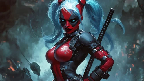 Dual-toned masked warrior amid swirling battle smoke.