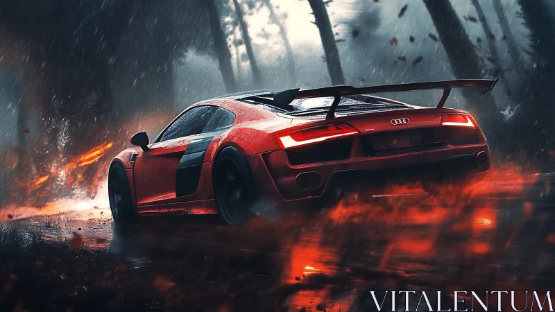 Red supercar powers through a stormy forest racetrack at speed