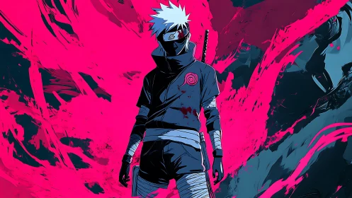 Masked anime warrior in dark uniform amid vivid streaked backdrop.