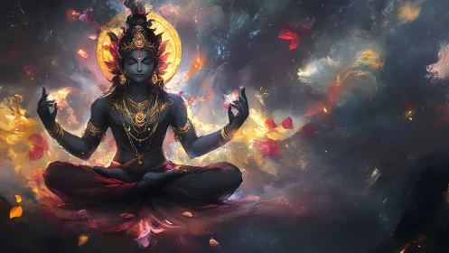 Luminous meditating deity rests in swirling cosmic light