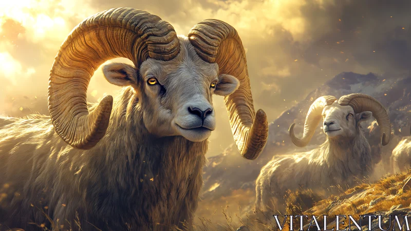 Mountain rams rendered with volumetric light and detailed fur shading
