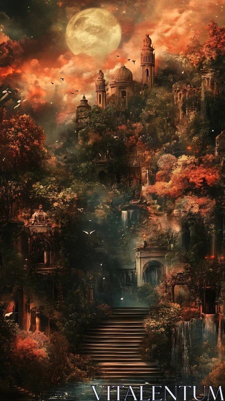 Moonlit terraced citadel rises through dense autumnal forest