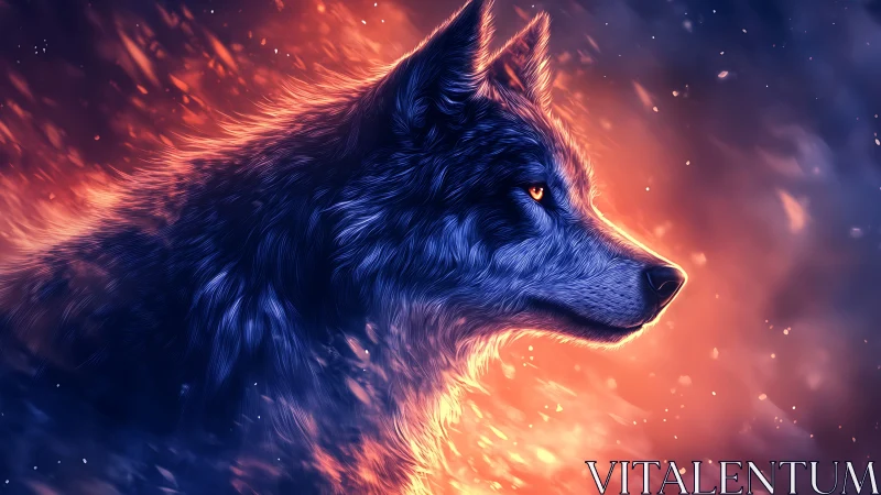 Luminous wolf profile against blazing bokeh twilight glow.