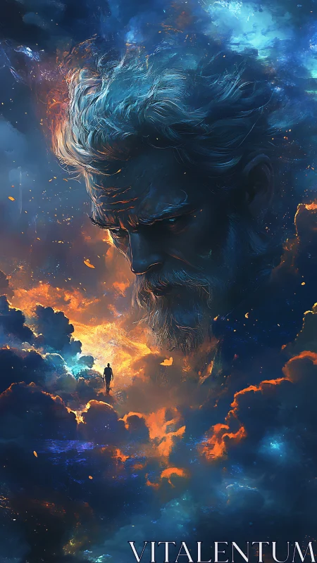 Colossal celestial visage surveying lone figure in nebular clouds.