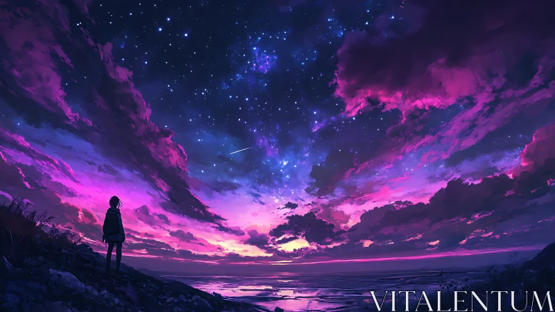 Stargazing under dreamy violet clouds at a quiet shore.