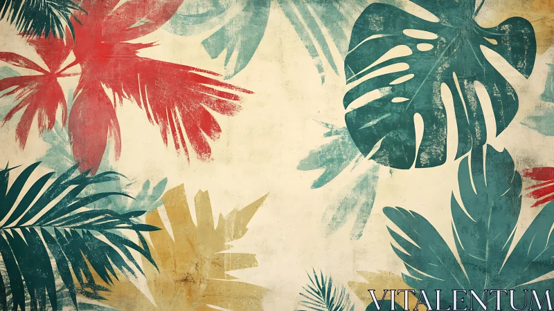 Layered tropical foliage forms distressed retro botanical mural