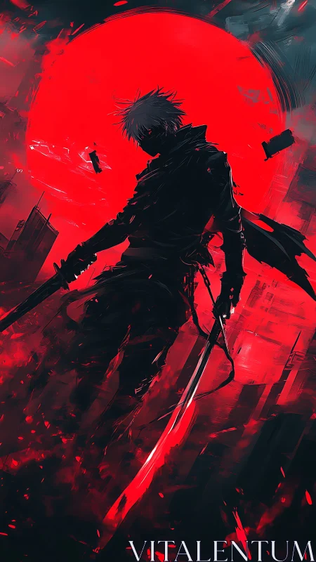 Silhouetted cyber ronin stands before neon red eclipse