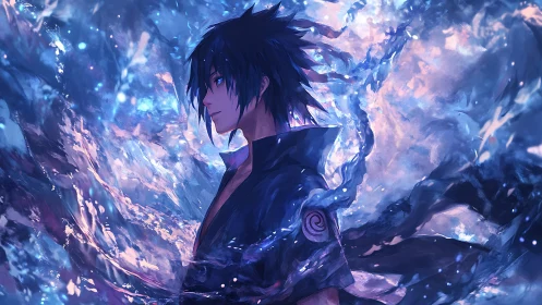 Anime boy stands in profile amid swirling blue energy field