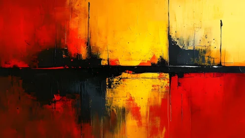 Bold Abstract Art in Red, Yellow, and Black Tones, Modern Style.