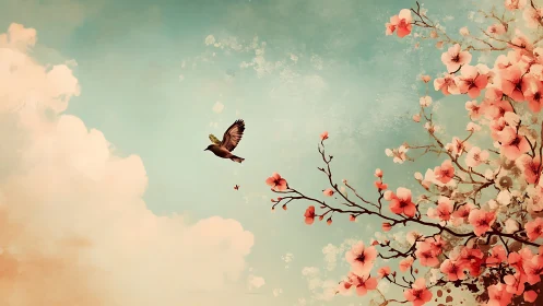 Songbird in flight over pastel sky and cherry blossoms