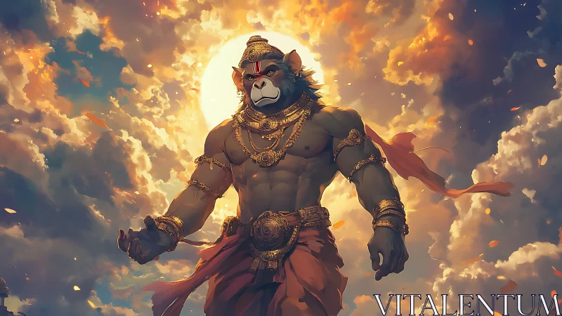 Divine warrior monkey god strides through radiant clouds.