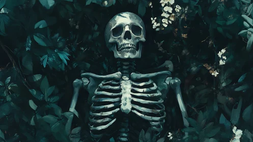 Skeletal remains in dense botanical overgrowth, painterly rendering.