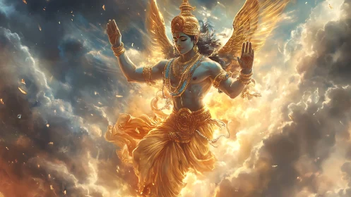 Winged mythic figure ascends through illuminated cloud strata