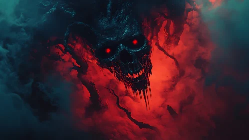 Demonic smoke skull with glowing red eyes over hellfire.