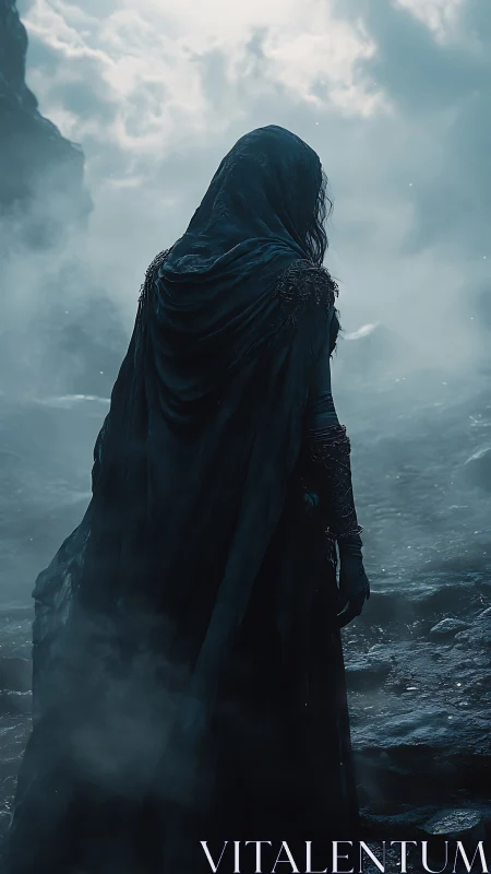 Hooded wanderer on misty cliffs under storm-laden sky.