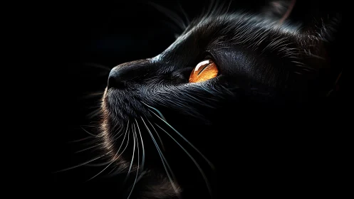 Black Cat Portrait with Luminous Amber Eyes Against Darkness