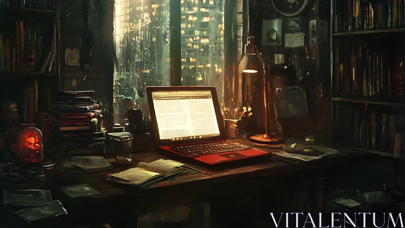 Moody writer desk glows against rain soaked city skyline.