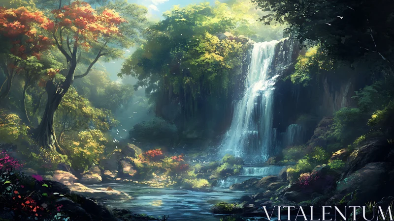 Sunlit forest waterfall invites a quiet moment of wonder