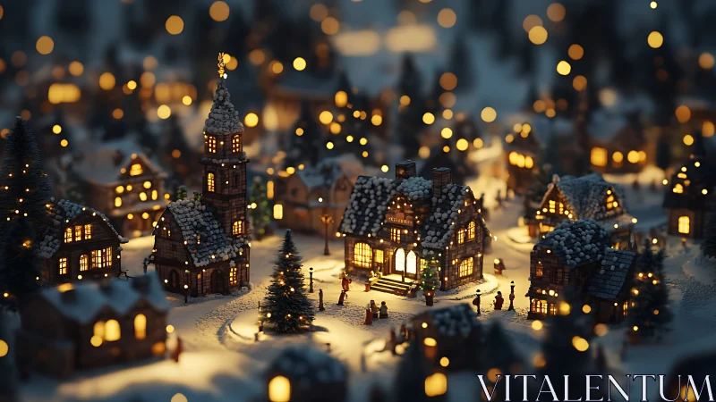 Miniature alpine village under winter nocturne illumination.