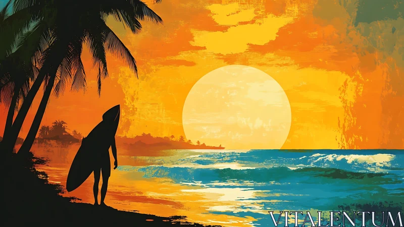 Surfer silhouette on tropical beach at vivid sunset sky.