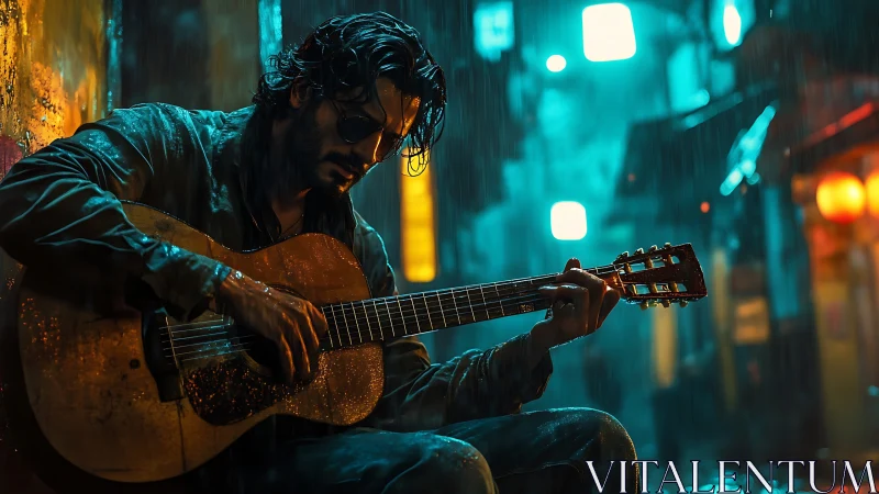 Street guitarist finding quiet magic in a neon city rain.