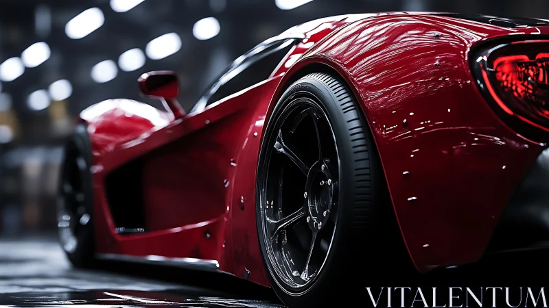 Low-angle view of red supercar with glossy widebody kit.