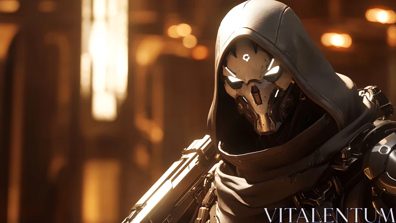 Hooded chrome reaper android in molten cathedral light.