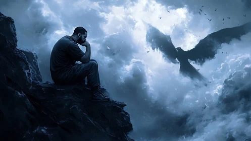 Solitary man faces colossal shadowed bird within storm