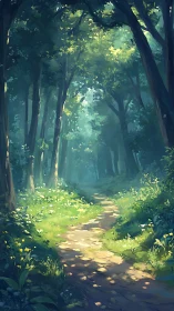 Enchanted Forest Path Through Golden Light.