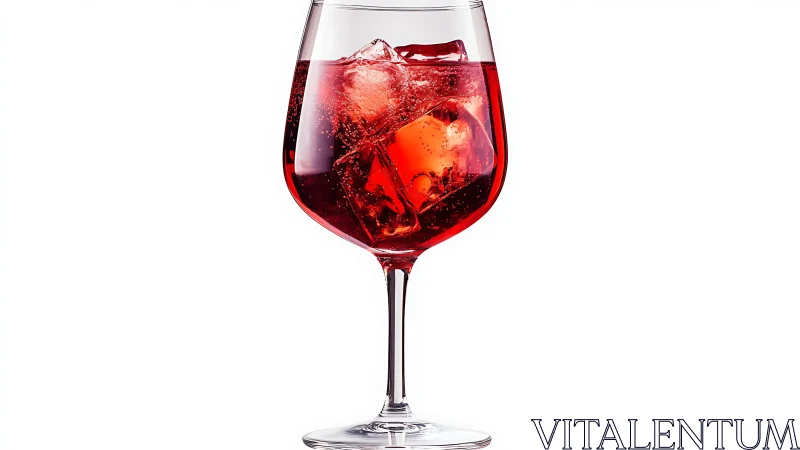 Deep red carbonated beverage with ice cubes in wine glass