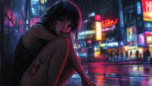Neon‑lit city rain with solitary girl in reflective mood.