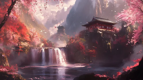 Crimson mountain temple above cascading waterfall in spring light.