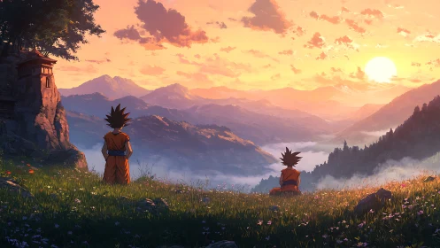 Anime martial artists viewing layered mountain valley sunset