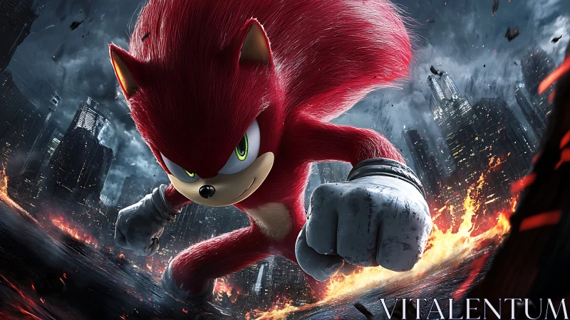 Red hedgehog hero lunges across burning futuristic city.