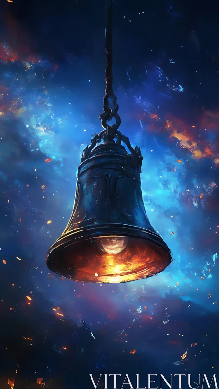 Luminous bronze bell suspended in cosmic nebula glow