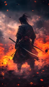 Samurai warrior standing in armor amid dense surrounding fire.
