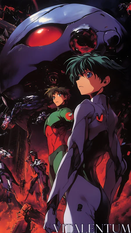 Young pilots stand brave beneath a looming mech sky.