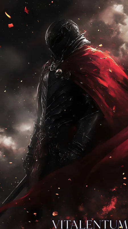 Midnight knight wrapped in a storm of scarlet embers.