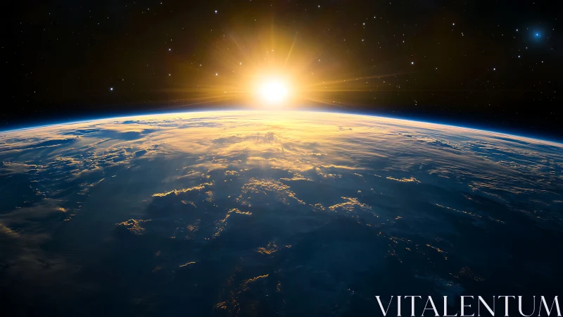 Sunrise over Earth from space with illuminated horizon.