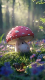 Cute red toadstool character in soft sunlit forest glade.