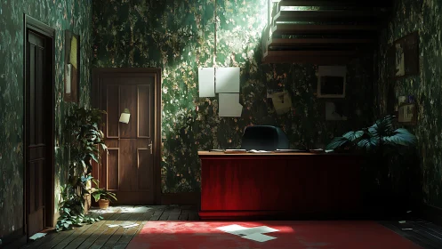 Dim office interior with wooden desk and scattered papers.