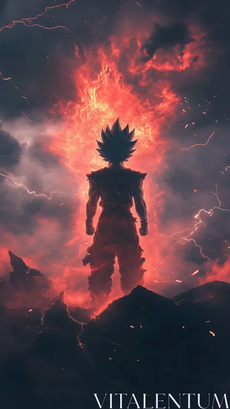 Fiery anime warrior silhouette amid storm-lit volcanic sky.