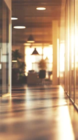 Contemporary interior corridor with volumetric light penetration and shallow depth field rendering
